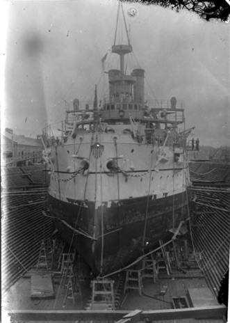 Print from large post card negative.  USS Wisconsin (BB-9) Puget Sound Naval Shipyard in Bremerton. Boat was dry docked here in 1901, 1902 and 1908.